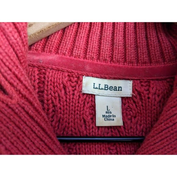 L.L. Bean Sweater Red Cable Knit Fisherman Button Up Turtleneck Womens Size L - Picture 6 of 12